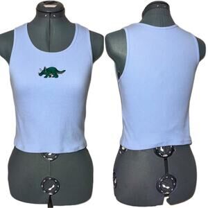 Ribbed Crop Tank Top Women's size Large Blue with dinosaur patch fitted